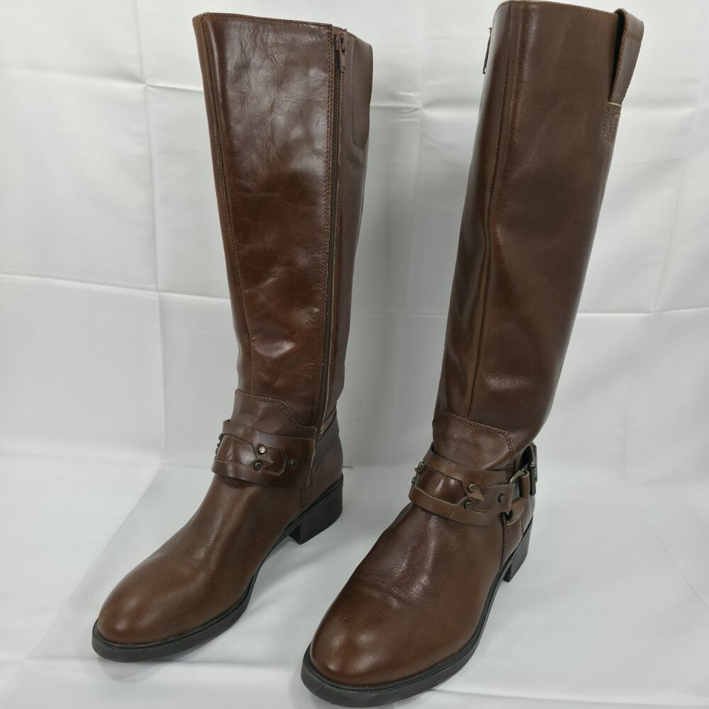 Nine West Jamison Womens 9M Brown Leather Riding Boots Equestrian Buckle Knee